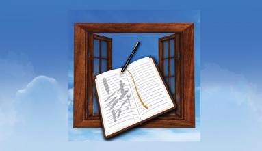 illustration of a floating window in the sky with a book of poetry flying out